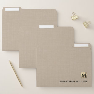 Beige Linen Gold Monogram File Folder Set