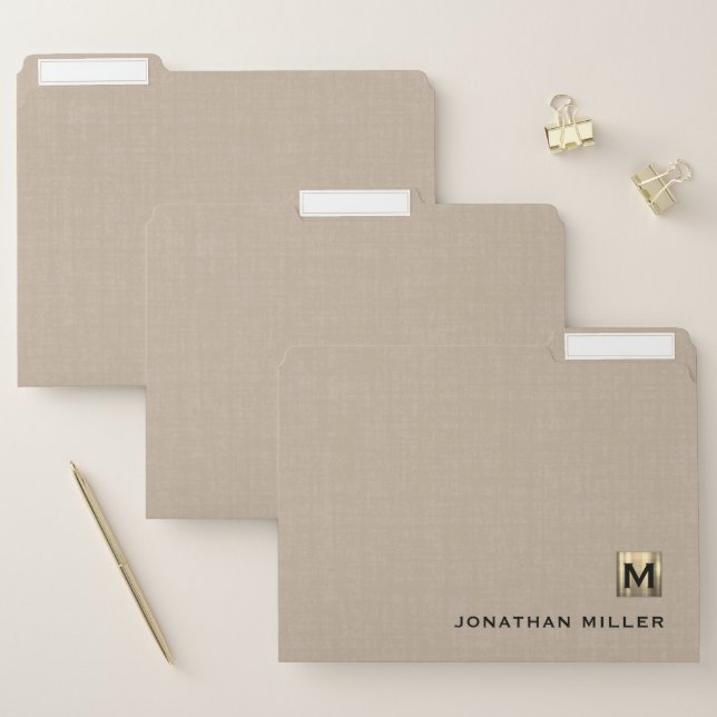 Beige Linen Gold Monogram File Folder Set (Set)