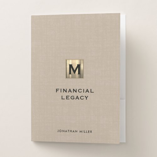 Beige Linen Gold Monogram Financial Legacy Pocket Folder
