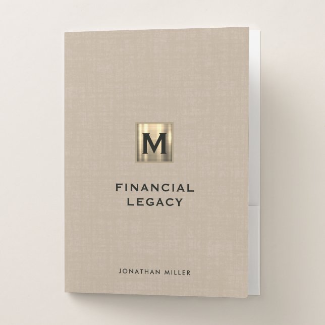 Beige Linen Gold Monogram Financial Legacy Pocket Folder (Front)