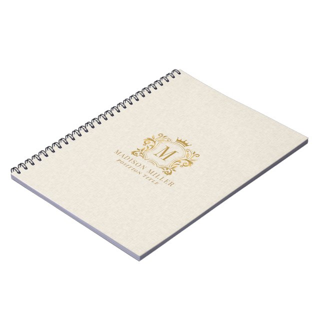 Beige Linen Gold Royal Crest Crown Monogram Notebook (Left Side)