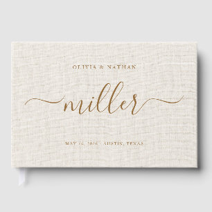 Beige Linen Gold Script Chic Minimalist Wedding Guest Book