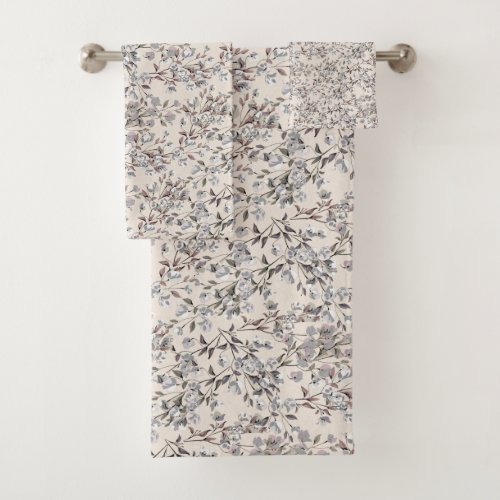 Beige Linen  Gray Dainty Floral Pattern Bath Towel Set