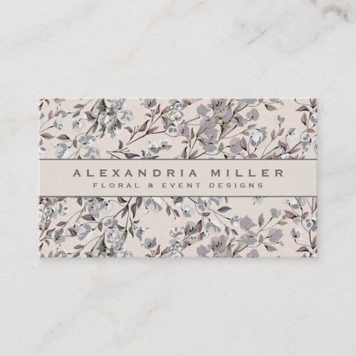 Beige Linen  Gray Elegant Dainty Floral Pattern Business Card