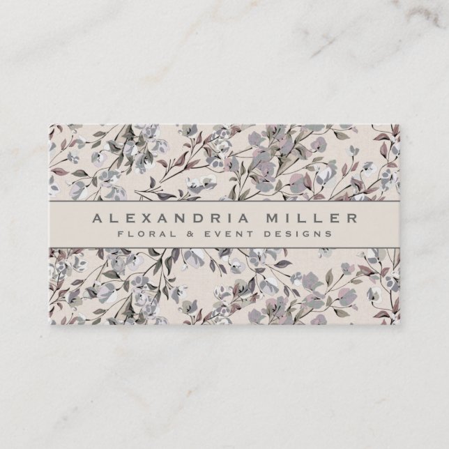 Beige Linen & Gray Elegant Dainty Floral Pattern Business Card (Front)