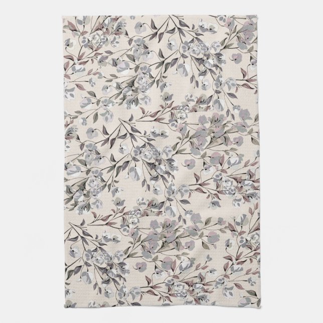Beige Linen & Gray Elegant Dainty Floral Pattern Kitchen Towel (Vertical)