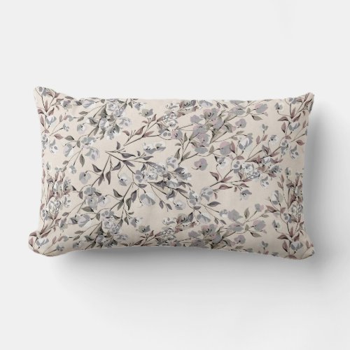 Beige Linen  Gray Elegant Dainty Floral Pattern Lumbar Pillow
