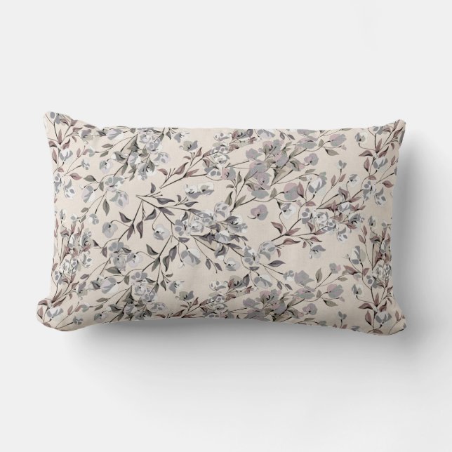 Beige Linen & Gray Elegant Dainty Floral Pattern Lumbar Pillow (Front)
