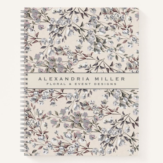 Beige Linen & Gray Elegant Dainty Floral Pattern Notebook (Front)