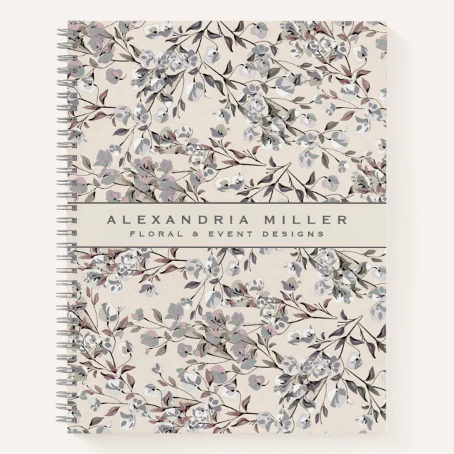Beige - Floral Printed Handmade Classic Notebook with Pencil (Large)