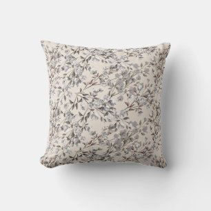 Beige Linen & Gray Elegant Dainty Floral Pattern Throw Pillow