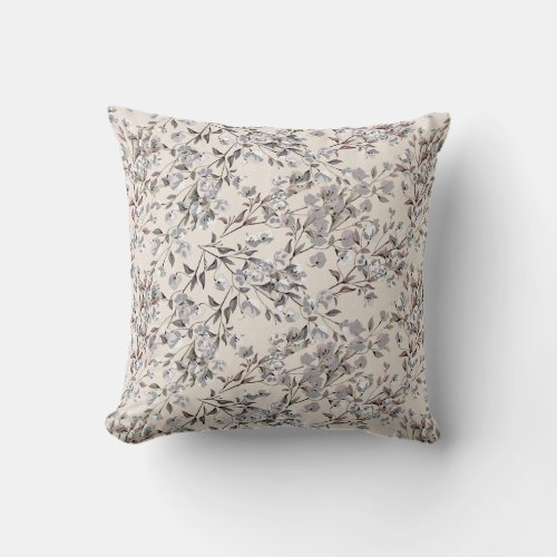 Beige Linen  Gray Elegant Dainty Floral Pattern Throw Pillow