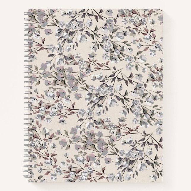 Beige Linen & Gray Elegant Floral Pattern Notebook (Front)