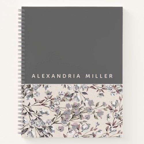 Beige Linen  Gray Floral  Personalized Name Notebook