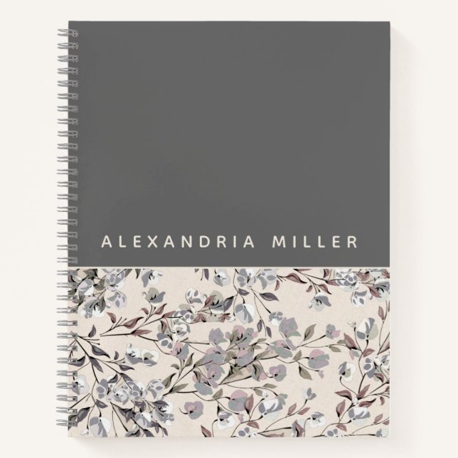 Beige Linen & Gray Floral | Personalized Name Notebook (Front)