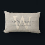 Beige Linen Gray Ivory Monogram Wedding Keepsake Lumbar Pillow<br><div class="desc">Elegant wedding keepsake beige woven linen effect pillow with your text in dark gray chic handwritten script calligraphy. Simply add your names, monogram and wedding date. Great gift for a newlywed couple. Exclusively designed for you by Happy Dolphin Studio. If you need any help or matching products, please contact us...</div>