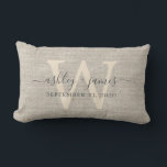 Beige Linen Gray Ivory Monogram Wedding Keepsake Lumbar Pillow<br><div class="desc">Elegant wedding keepsake beige woven linen effect pillow with your text in dark gray chic handwritten script calligraphy. Simply add your names, monogram and wedding date. Great gift for a newlywed couple. Exclusively designed for you by Happy Dolphin Studio. If you need any help or matching products, please contact us...</div>