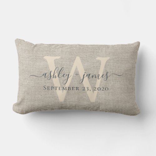 Beige Linen Gray Ivory Monogram Wedding Keepsake Lumbar Pillow