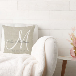 Beige Linen Gray White Monogram Family Keepsake Throw Pillow