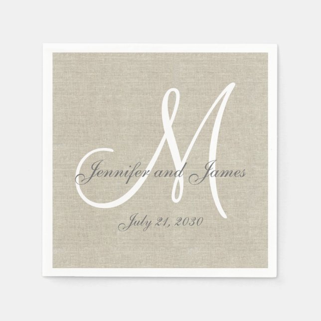 Beige Linen Gray White Monogram Wedding Keepsake Napkins (Front)