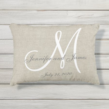 Beige Linen Gray White Monogram Wedding Keepsake Outdoor Pillow