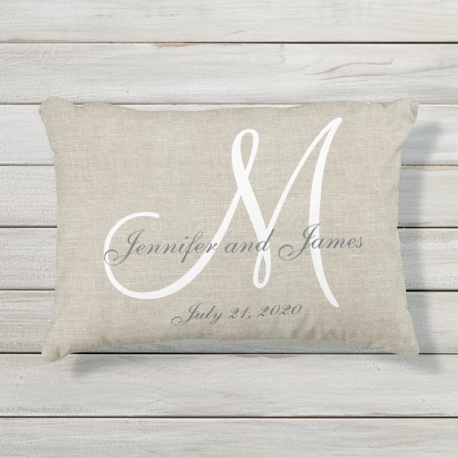 Beige Linen Gray White Monogram Wedding Keepsake Outdoor Pillow (Front)