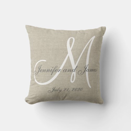 Beige Linen Gray White Monogram Wedding Keepsake Throw Pillow