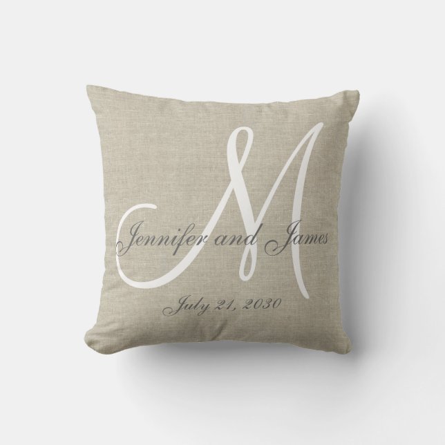 Beige Linen Gray White Monogram Wedding Keepsake Throw Pillow (Front)