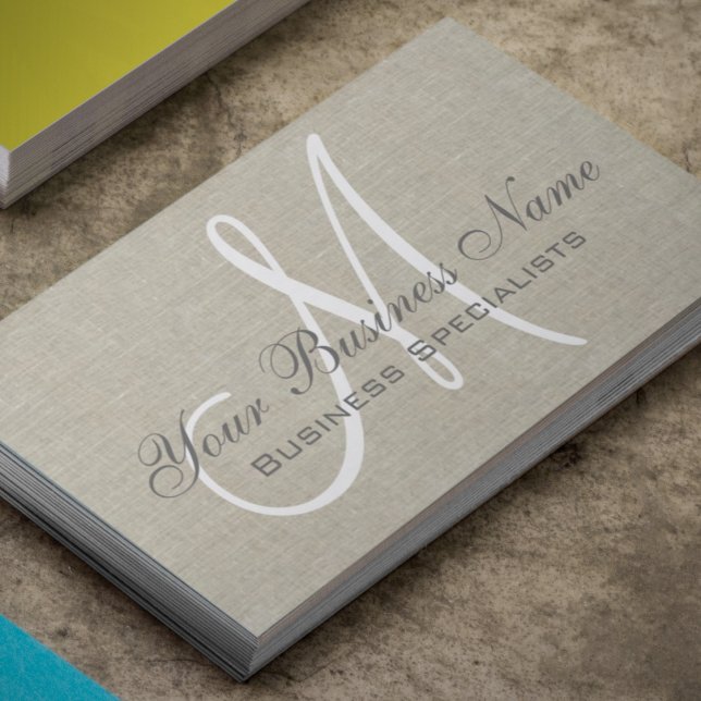 Beige Linen Grey Simple Plain Monogram Business Card (Creator Uploaded)