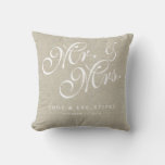 Beige Linen Initials Mr. And Mrs. Wedding Pillow at Zazzle
