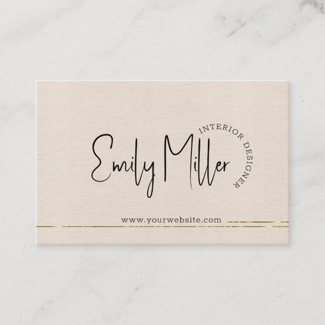 Beige Linen interior Design QR Code Gold Accent Business Card (Front)