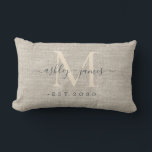Beige Linen Ivory Monogram Script Wedding Keepsake Lumbar Pillow<br><div class="desc">Elegant wedding keepsake beige woven linen effect pillow with text in off-black chic handwritten script calligraphy and stylish modern typography. Simply add your names, monogram and wedding date. Great luxury gift for the newlywed couple. Exclusively designed for you by Happy Dolphin Studio. If you need any help or matching products,...</div>