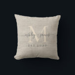 Beige Linen Ivory Monogram Script Wedding Keepsake Throw Pillow<br><div class="desc">Elegant wedding keepsake beige woven linen effect pillow with text in off-black chic handwritten script calligraphy and stylish modern typography. Simply add your names, monogram and wedding date. Great luxury gift for the newlywed couple. Exclusively designed for you by Happy Dolphin Studio. If you need any help or matching products,...</div>