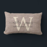 Beige Linen Ivory Monogram Wedding Keepsake Lumbar Pillow<br><div class="desc">Elegant wedding keepsake beige woven linen effect pillow with your text in dark gray chic handwritten script calligraphy. Simply add your names, monogram and wedding date. Great gift for a newlywed couple. Exclusively designed for you by Happy Dolphin Studio. If you need any help or matching products, please contact us...</div>