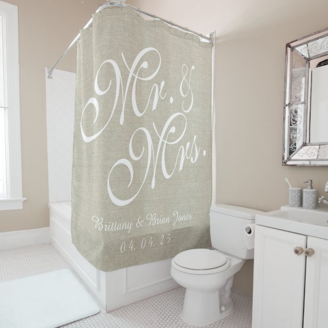Beige Linen Look Mr. and Mrs. Names Date Wedding Shower Curtain (In Situ)