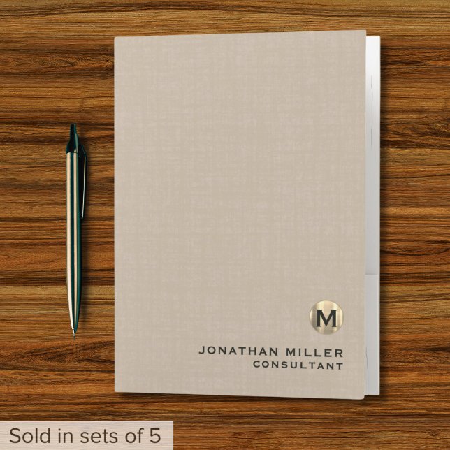 Beige Linen Luxury Gold Monogram Pocket Folder (Creator Uploaded)