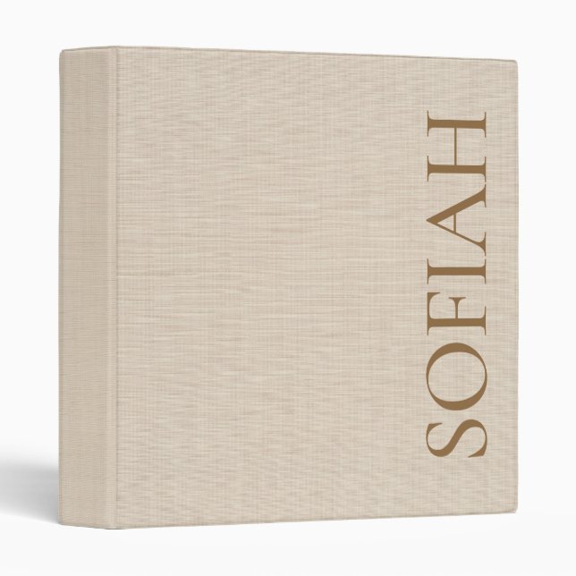 Beige Linen Minimal Typography Personalized Name 3 Ring Binder (Front/Spine)