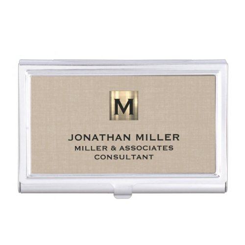 Beige Linen Monogrammed Business Card Case