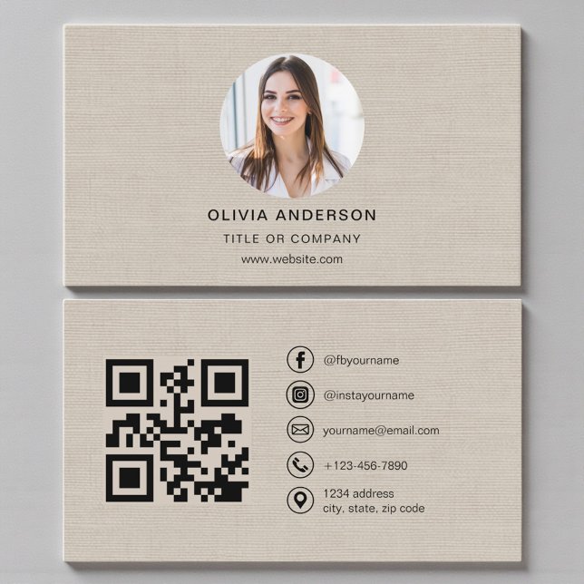 Beige Linen Photo with QR Code Social Media Business Card (Creator Uploaded)