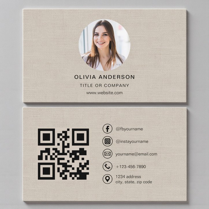 Beige Linen Photo With QR Code Social Media Business Card