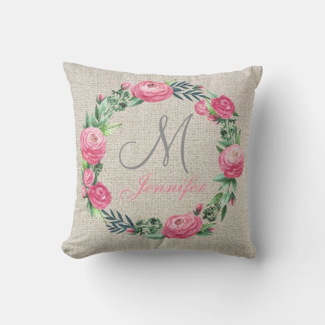 BEIGE LINEN PINK ROSES AND WATERCOLOR LEAVES THROW PILLOW (Front)