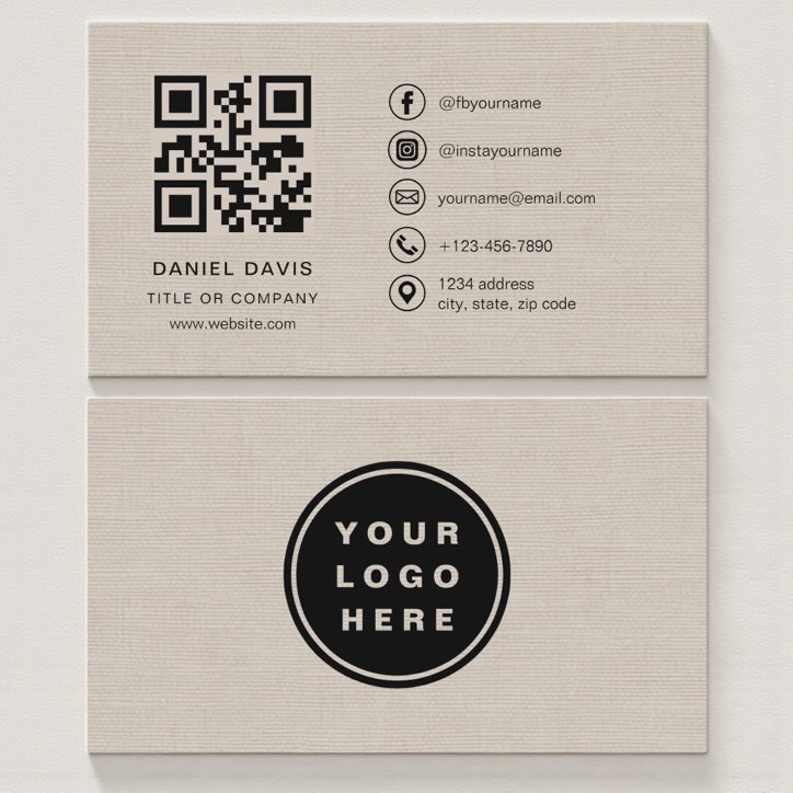 Beige Linen Professional Company Logo QR Code Business Card