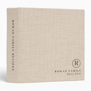 Beige Linen Professional Monogram Initial Recipes 3 Ring Binder