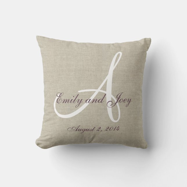 Beige Linen Purple White Monogram Wedding Keepsake Throw Pillow (Front)