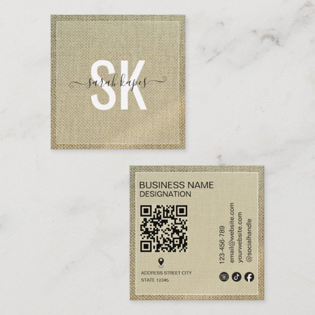 Beige Linen Rustic Monogram Qr Code Square Business Card (Front/Back)