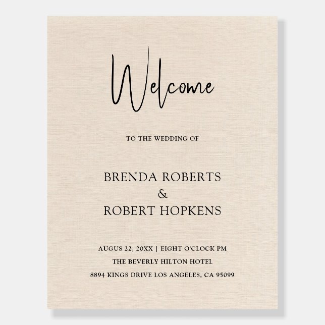 Beige Linen Simple Black Script Wedding Foam Board (Front)