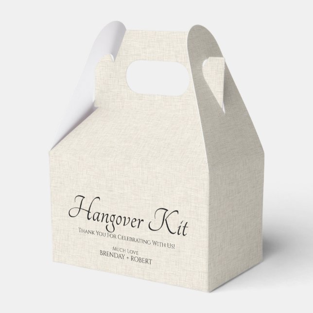 Beige linen Simple Script Hangover Recovery Kit Favor Boxes (Front Side)
