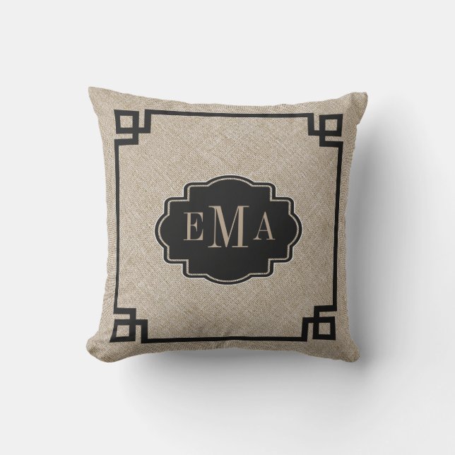 Beige Linen Texture Black Geometric Frame Throw Pillow (Front)