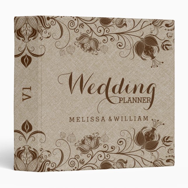 Beige Linen Texture Brown Floral Lace Binder (Front/Spine)