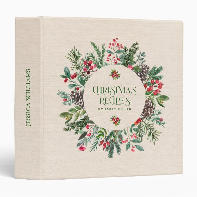 Beige Linen Texture Christmas Berries Wreath 3 Ring Binder (Front/Spine)